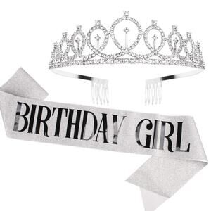 Sliver Birthday Girl Sash & Rhinestone Tiara Set